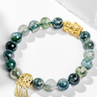 Vòng Tay Phong Thủy Nữ Đá Băng Ngọc Thủy Tảo Phối Charm Dream Catcher Mạ Vàng 24K (8mm) Mệnh Mộc, Hỏa Ngọc Quý Gemstones