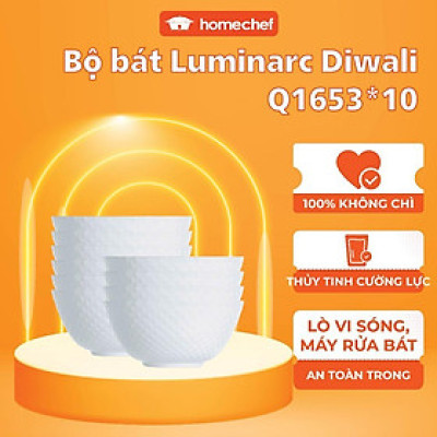 Bộ 10 bát (chén) cơm thủy tinh Luminarc Diwali Precious 12cm Q1653*10, dùng lò vi sóng, máy rửa bát