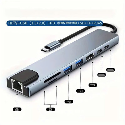 Bộ Chuyển Đổi Hub USB C Hub 8 Trong 1 Type C 3.1 Sang 4K RJ45 Đọc Thẻ SD / TF Cho MacBook Notebook Laptop Máy Tính - Hàng Nhập Khẩu