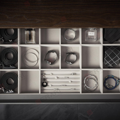 Phụ kiện của tủ áo (Kệ để đồ trang sức ray giảm chấn có vách ngăn, bề mặt bọc da dòng đương đại Grey mã GW001.800/ GW001.800A)