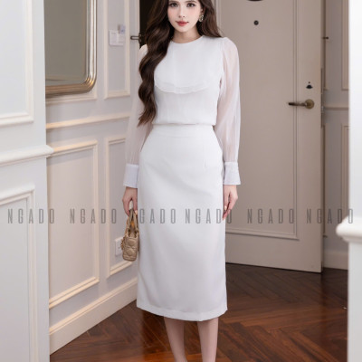 Set áo váy voan trắng bút chì NGADO , set áo kèm váy , set áo váy Nữ