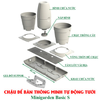 Chậu trồng rau sạch tự động tưới nước và tự chăm sóc rau tại nhà trong 2 tháng Minigarden Basic S (1 bộ gồm 2 chậu S, 1 khay hứng nước, 1 bình chứa nước và phân)