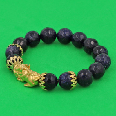 Chuỗi đeo tay Đá Lam Sa Cắt Giác 12 ly - cẩn Tỳ Hưu Phong Thủy Chiêu Tài Lộc inox vàng VLSGTHBKV12 - hợp mệnh Mộc, mệnh Thủy