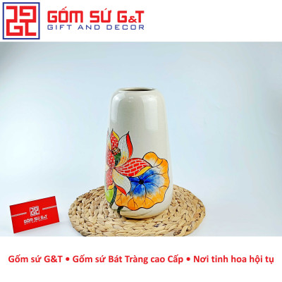 Lọ hoa trang trí dáng đu đủ khắc sen hồng Gốm Sứ G&T