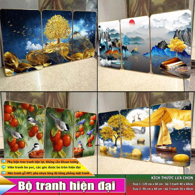Bộ tranh treo tường 3 tấm trang trí phòng khách, phòng ngủ phong cách mỹ thuật hiện đại chất liệu cán pvc gương:4435L15S