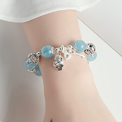 Vòng tay đá aquamarine phối charm mèo bạc size hạt 12mm mệnh thủy, mộc - Ngọc Quý Gemstones