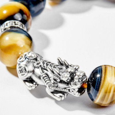 Vòng Tay Phong Thủy Nam Đá Mắt Chim Ưng Phối Charm Tỳ Hưu Bạc (14mm) Mệnh Thủy, Mộc Ngọc Quý Gemstones