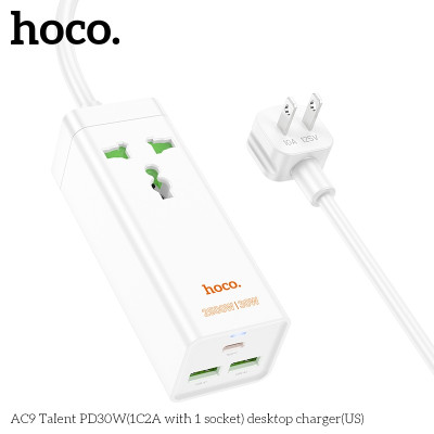 Ổ cắm điện đa năng sạc nhanh PD 30W cổng typeC + QC18W có 2*USB và 1*Type-C có 1 lỗ cắm tải 2500W dây dài 1.5m AC9 - Hàng chính hãng