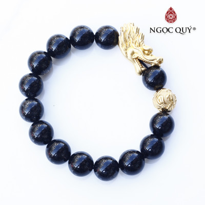 Vòng thạch anh tóc đen 12mm phối charm rồng bạc mạ vàng 24k mệnh thủy, mộc - Ngọc Quý Gemstones