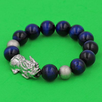 Vòng tay Đá Mắt Hổ Xanh Đen 14 ly charm Tỳ Hưu inox bạc VMHXETHHBT14 - hợp mệnh Mộc, mệnh Thủy - Vòng đeo tay size lớn