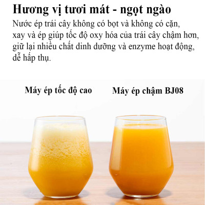 Máy Ép Chậm trái cây mini BUD BJ08 cơ chế hai kênh, tách rời bã cặn riêng biệt, tốc độ 60 vòng/phút