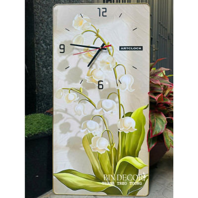 (ẢNH CHỤP) Tranh đồng hồ tráng gương hoa linh lan bo viền vàng kèm đinh và pin