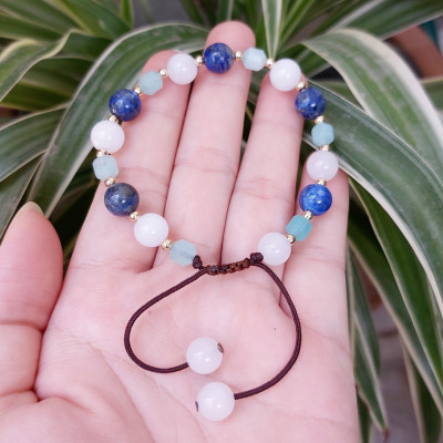 Vòng tay Nữ phong thủy đá Amazonite mix bi bạc tròn hút Tài Lộc Duyên kết dây cotton thủ công