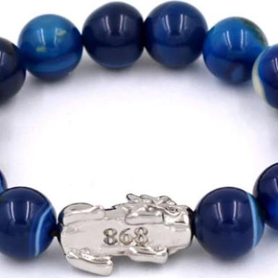 Chuỗi đeo tay thạch anh xanh dương sọc 12 ly - cẩn Tỳ Hưu inox VTAXDSTHT12 - kèm hộp nhung - hợp mệnh Mộc, mệnh Thủy