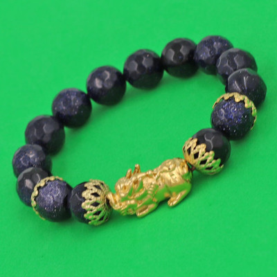 Chuỗi đeo tay Đá Lam Sa Cắt Giác 12 ly - cẩn Tỳ Hưu Phong Thủy Chiêu Tài Lộc inox vàng VLSGTHBKV12 - hợp mệnh Mộc, mệnh Thủy