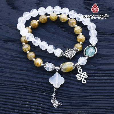 Vòng 2 line thạch anh tóc vàng phối thạch anh ưu linh trắng charm bạc - Ngọc Quý Gemstones