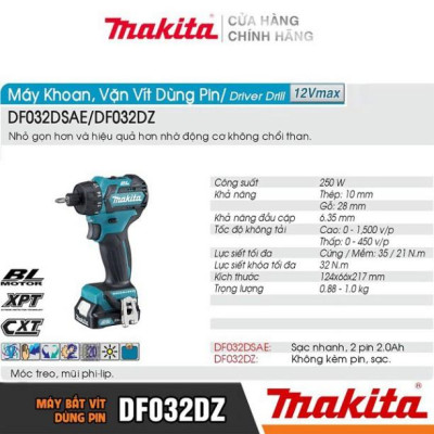 Máy Khoan Bắt Vít Dùng Pin Makita DF032DZ (12V-Không pin sạc - Hàng chính hãng)