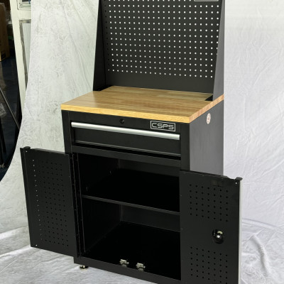 Tủ dụng cụ CSPS 61cm - 01 hộc kéo màu đen chân tăng chỉnh ván gỗ vách lưới (tay cầm trắng)