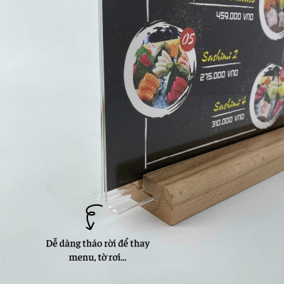 Kệ mica 2 mặt Enter E41 210x300mm đế gỗ A4 đứng, Kệ menu nhà hàng, Standee mica để bàn, Bảng quét mã QR Code