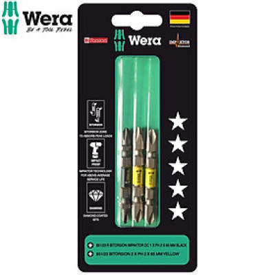 Bộ mũi vít cao cấp 2 đầu 4 cạnh Wera 05344516001 1xPH2x65mm Black và 2xPH2x65mm Yellow BiTorsion Impaktor DC dùng trực tiếp máy khoan bắt vít