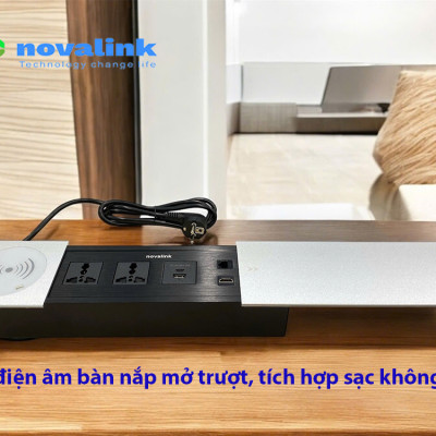 Ổ điện âm bàn họp nắp mở trượt dọc Novalink ST-W, tích hợp sạch không dây, hdmi, sạc USB-C, RJ45. Nhập khẩu chính hãng.