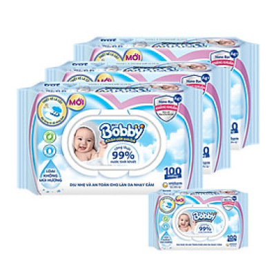Combo 3 gói Khăn giấy ướt Bobby Nano Bạc kháng khuẩn không mùi 100 tờ (Xanh) + Tặng 1 gói khăn ướt (xanh)