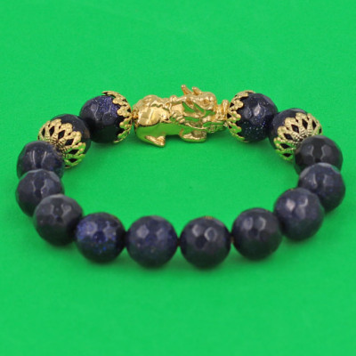 Chuỗi đeo tay Đá Lam Sa Cắt Giác 12 ly - cẩn Tỳ Hưu Phong Thủy Chiêu Tài Lộc inox vàng VLSGTHBKV12 - hợp mệnh Mộc, mệnh Thủy