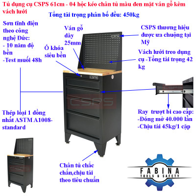 Tủ dụng cụ CSPS 61cm - 04 hộc kéo chân tủ màu đen mặt ván gỗ kèm vách lưới