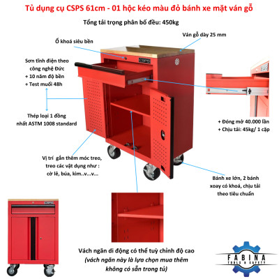 Tủ dụng cụ CSPS 61cm - 01 hộc kéo màu đỏ mặt ván gỗ