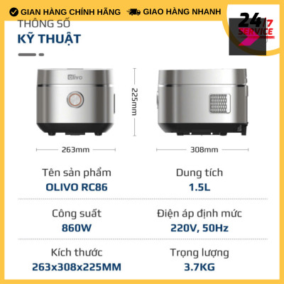 Nồi Cơm Điện OLIVO RC86 - Lòng Nồi INOX 304 Chống Dính Tự Nhiên- Hàng Chính Hãng