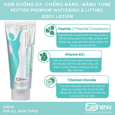 Kem Body Benew Peptide ban ngày dưỡng trắng, chống nắng, nâng tone, nâng cơ da - BENEW Peptide Premium Whitening & Lifting Body Lotion 200ml