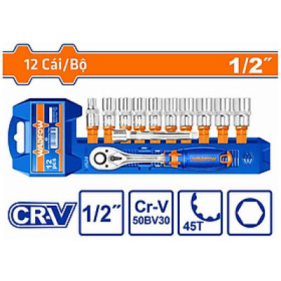 [CHÍNH HÃNG] Bộ 12 chi tiết tay vặn đầu tuýp 1/2" WADFOW WST2212