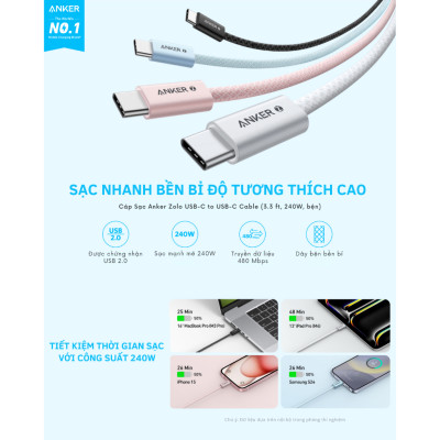 Cáp sạc nhanh Type C to Type C Anker Zolo 240W - A8060 (Hàng Chính Hãng)
