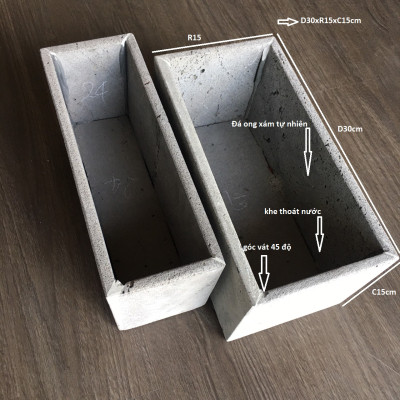Chậu trồng cây treo tường và ốp tường trồng hoa bằng đá ong xám tự nhiên hình chữ nhật D30xR15xC15cm ốp giếng trời ban công sân thượng và trồng cây cảnh ngoài trời bền vĩnh viễn