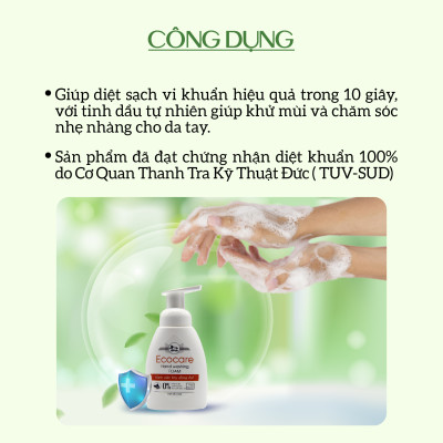 Nước rửa tay hữu cơ diệt khuẩn dạng bọt tinh dầu Quế 1L thương hiệu Ecocare ( tặng kèm vỏ tạo bọt)