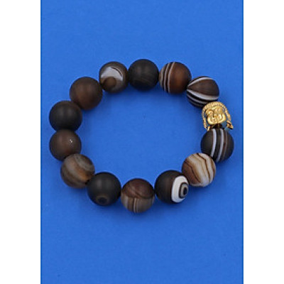 Vòng đeo tay mã não nâu sọc mờ 14 ly cẩn hạt Phật A Di Đà inox vàng VMNNSMNLV14 - hợp mệnh Kim, mệnh Thổ