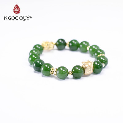 Vòng tay đá ngọc bích phối hoa sen mạ vàng size hạt 10mm mệnh hỏa, thổ - Ngọc Quý Gemstones