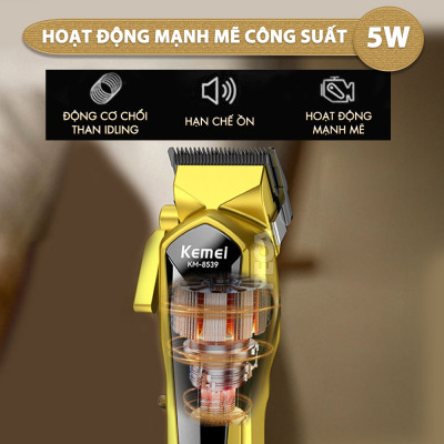 Tông đơ cắt tóc chuyên nghiệp Kemei KM-8539 lưỡi cắt mạ carbon công suất 5W tặng kèm áo choàng cắt tóc - Hàng chính hãng