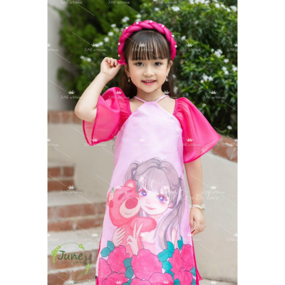 Áo dài tết cho bé gái mẫu Gấu dâu Lotso từ 12-40kg hàng thiết kế cao cấp