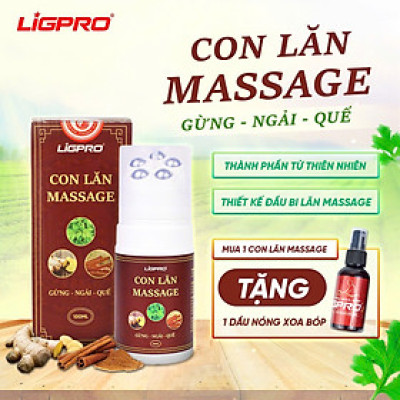 Combo con lăn massa Ligpro gừng ngải quế 100ml, tặng kèm 1 xịt xoa bóp 50ml
