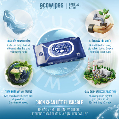 Khăn ướt vệ sinh phân hủy Flushable gói 20 tờ tan nhanh trong nước không lo tắt nghẽn