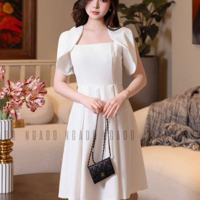 Đầm trắng xếp ly NGADO , đầm dự tiệc , đầm công sở