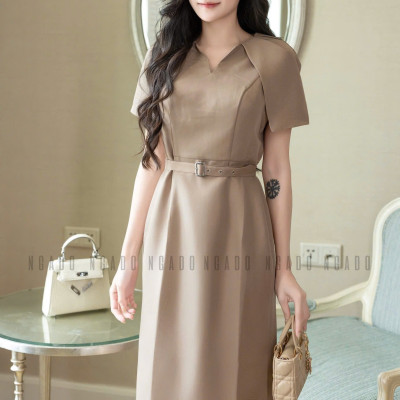 Đầm nâu tay xếp ly NGADO , đầm công sở , đầm dự tiệc