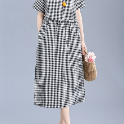 Đầm váy suông nữ caro, Đầm Linen suông kẻ caro xinh dáng xoè form rộng không kén dáng mặc Haint Boutique