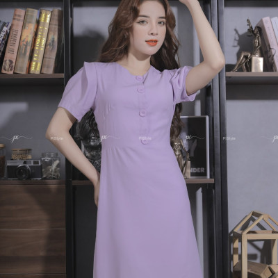 Váy Vải Trơn Cúc Trước Màu Tím Cao Cấp 23V060 Pi Style