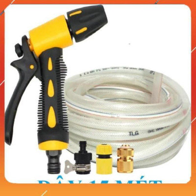 ️Evoucher Bộ dây vòi xịt nước rửa xe, tưới cây , tăng áp 3 lần, loại 15m 206319 đầu đồng, cút đồng nối nhựa đen