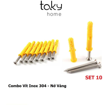 Set 10 Nở Nhựa màu Vàng 6 - 8mm Kèm Vít Inox 304 - Hàng Tốt, Vít Inox Nở Đóng Tường Chắc Chắn, Chống Gỉ, Tiện Dụng Trong Gia Đình- TakyHome 5080