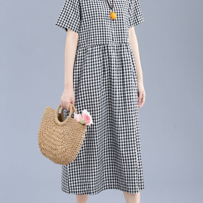 Đầm váy suông nữ caro, Đầm Linen suông kẻ caro xinh dáng xoè form rộng không kén dáng mặc Haint Boutique