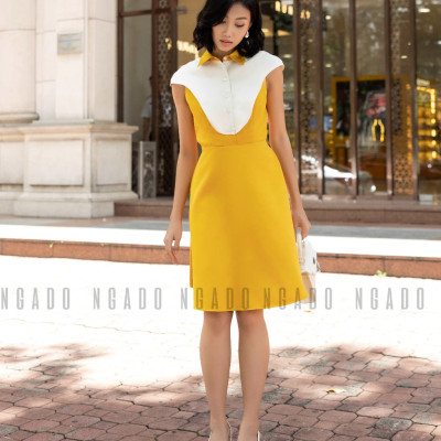 Đầm vàng tay con NGADO , đầm ngắn dự tiệc , đầm dạo phố