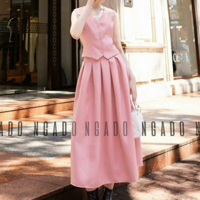 Set hồng áo gile chân váy xoè xếp ly NGADO , set áo váy xoè